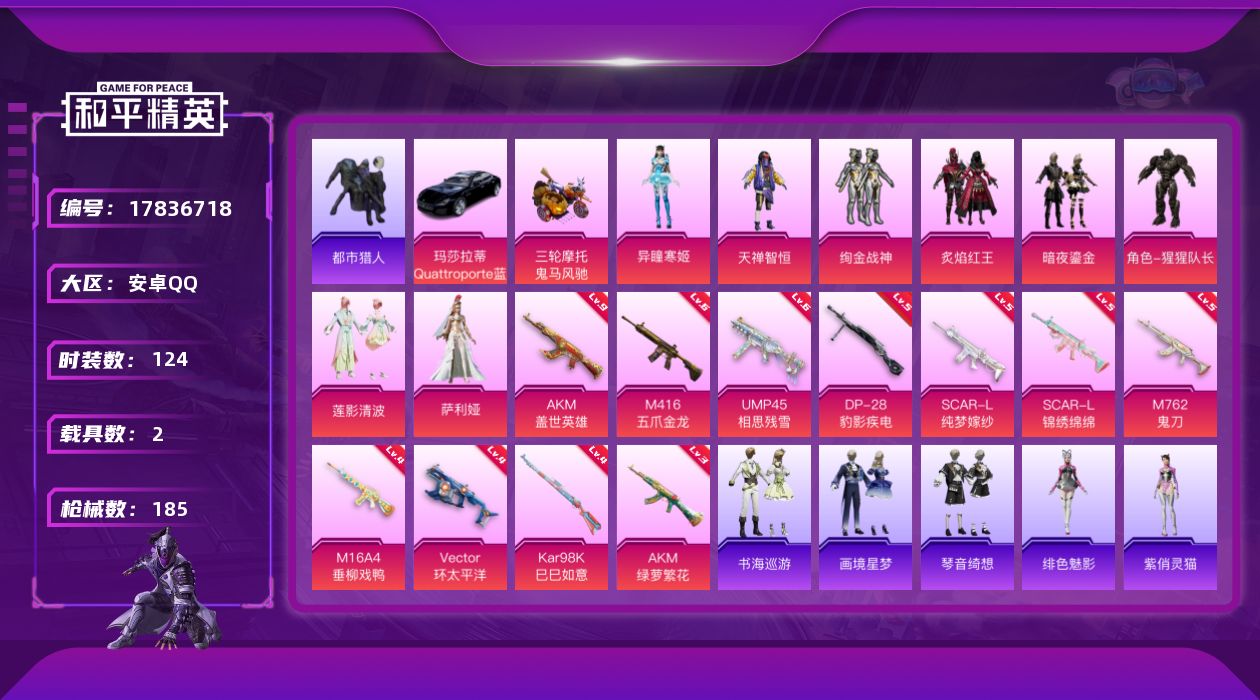 和平精英账号安卓QQ[17836718]安卓 手Q-8粉装-13特效枪-2载具-3粉色飞行器-63583热力值-13王牌印记-124套装-185枪皮
【热门品类】：套装-都市猎人，角色-军刀雅典娜，套装-龟仙人，套装-粉