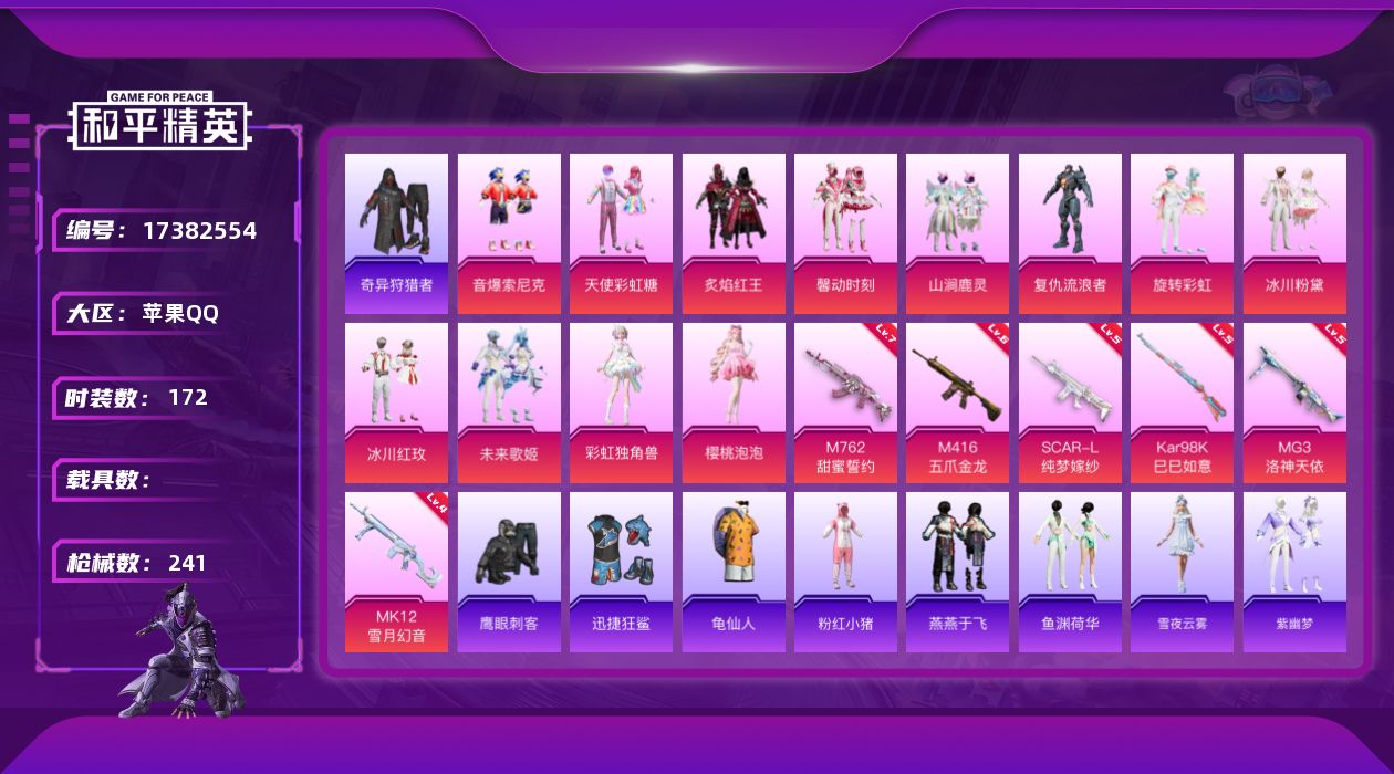 和平精英账号苹果QQ[17382554]苹果 手Q-12粉装-8特效枪-0载具-3粉色飞行器-77170热力值-8王牌印记-172套装-241枪皮
【热门品类】：粉装-音爆索尼克，套装-奇异狩猎者，套装-龟仙人，套装-粉