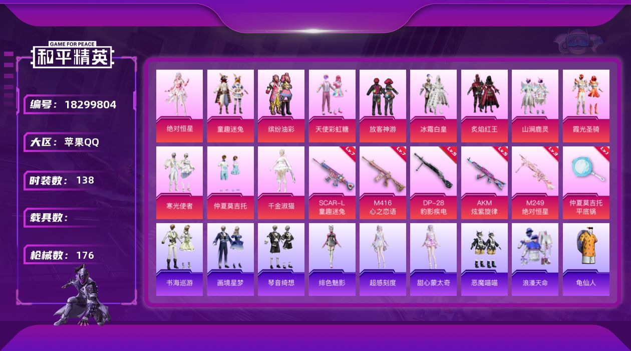和平精英账号苹果QQ[18299804]可二次【特价出售/店主推荐】苹果 手Q-12粉装-7特效枪-4粉色飞行器-59360热力值-11王牌印记-138套装-176枪皮【热门品类】：粉装-童趣迷兔，粉装-缤纷油彩，套装-
