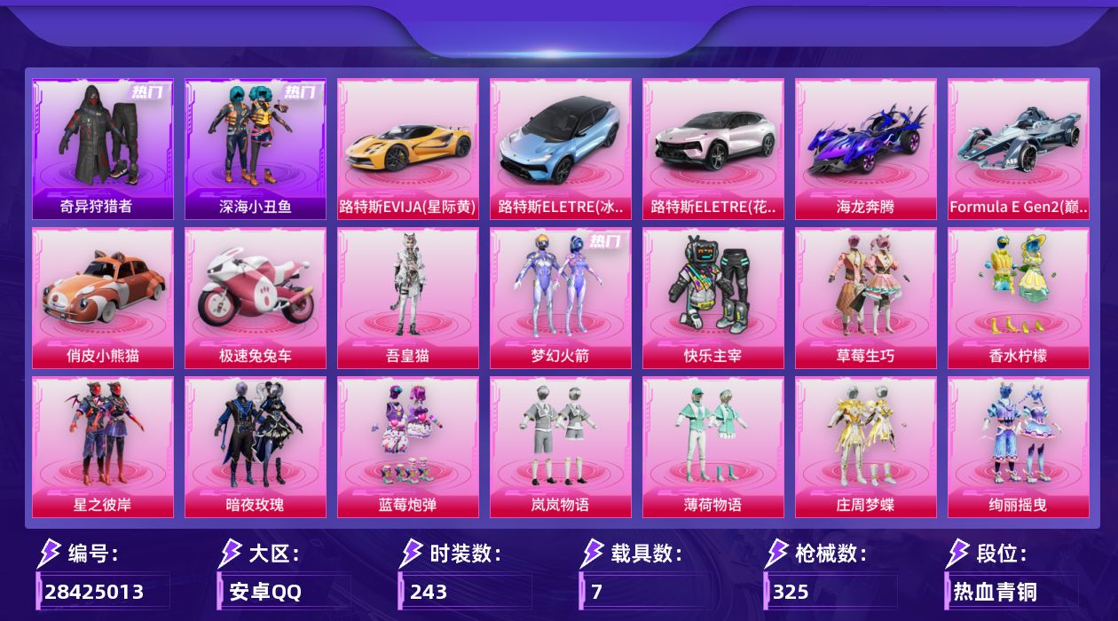 [28425013]安卓手Q-历史最高段位：卓越王牌11星-25粉装-17特效枪-7载具-7粉色飞行器-127388热力值-21王牌印记-243套装-325枪皮
【热门品类】：粉装-梦幻火箭，套装-深海小丑鱼，套装-小丑鱼，套装-奇异狩猎者，角色-军刀雅典娜，套装-暗夜行者，套装-龟仙人
【粉色套装】：粉装-快乐主宰，粉装-梦幻火箭，粉装-草莓生巧，粉装-香水柠檬，粉装-星之彼岸，粉装-暗夜玫瑰，粉装-蓝莓炮弹，粉装-岚岚物语，粉装-薄荷物语，粉装-庄周梦蝶，粉装-绚丽摇曳，粉装-闪耀律动，粉装-筑梦精灵，粉装-甜梦小狐，粉装-炙焰牛王，角色-复仇流浪者，粉装-暖熊萌萌，粉装-傲雪凌霜，粉装-霁雪冰心，粉装-旋转彩虹，粉装-青空秋雨，粉装-天星战神，角色-天鹅座 冰河，粉装-星穹咏叹调，角色-吾皇猫
【粉色枪皮等级】：AKM-星际浪客(五级)，SCAR-L-青春物语(七级)，M416-暖熊萌萌(五级)，GROZA-香水柠檬(四级)，UZI-筑梦精灵(四级)，UMP45-萌骑冒险(二级)，Vector-环太平洋(四级)，Vector-流风之羽(五级)，汤姆逊-怪笑疯兔(四级)，野牛-青空秋雨(四级)，Kar98K-巳巳如意(五级)，Mk14-福马献瑞(五级)，SLR-暗夜玫瑰(四级)，DP-28-幻梦音符(四级)，DP-28-豹影疾电(五级)，MG3-炙焰牛王(五级)，PKM-天星战神(四级)
【粉色载具】：路特斯EVIJA（星际黄），路特斯ELETRE（冰川蓝），路特斯ELETRE（花绽灰），海龙奔腾，Formula E Gen2（巅峰兰），俏皮小熊猫，极速兔兔车，僚机-萌兔起飞
【粉色枪皮】：AKM-星际浪客，SCAR-L-青春物语，M416-暖熊萌萌，GROZA-香水柠檬，UZI-筑梦精灵，UMP45-萌骑冒险，Vector-环太平洋，Vector-流风之羽，汤姆逊-怪笑疯兔，野牛-青空秋雨，Kar98K-巳巳如意，Mk14-福马献瑞，SLR-暗夜玫瑰，DP-28-幻梦音符，DP-28-豹影疾电，MG3-炙焰牛王，PKM-天星战神
【粉色飞行器】：夏日绵绵冰飞行器，星之彼岸飞行器，庄周梦蝶飞行器，暖熊萌萌飞行器，星际浪客飞行器，镜光幻境飞行翼，时光之吻飞行器
【粉色降落伞】：碎梦浮光降落伞，破风疾驰降落伞，快乐主宰降落伞，至尊龙雀降落伞，梦幻火箭降落伞，金风玉露降落伞，夏日绵绵冰