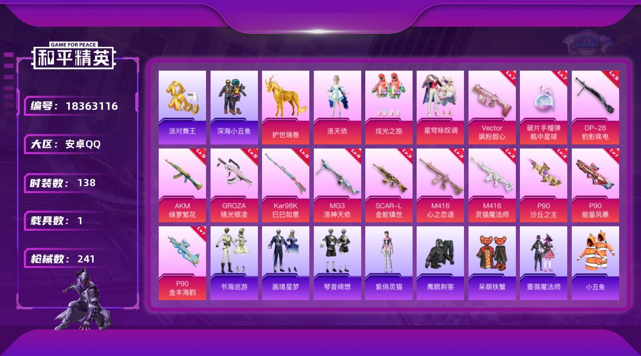 和平精英账号安卓QQ[18363116]2级艾丽娅-洛天依-暗夜-金鞋-安卓 手Q-1神装-3粉装-17特效枪-1载具-8粉色飞行器-75627热力值-18王牌印记-138套装-241枪皮
【红色神装等级】：暮色玫影-艾