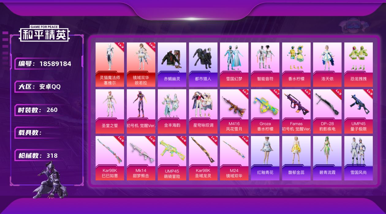 和平精英账号安卓QQ[18589184]260套装/枪械10/装备429/战备239/王牌印记21/热力值110580/七级M416-风花雪月/七级GROZA-香水柠檬/七级Famas-初号机 觉醒Ver./五级UMP4