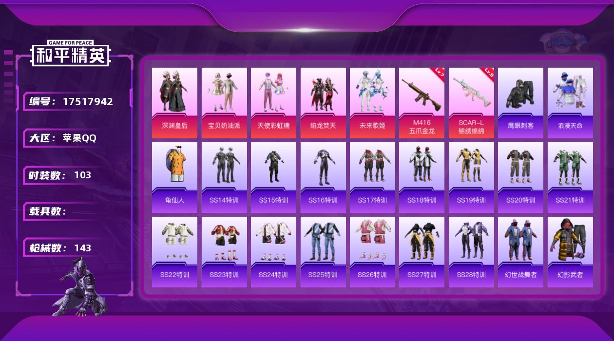 和平精英账号苹果QQ【816】连体安卓qq使命召唤冰龙
苹果 手Q-5粉装-2特效枪-0载具-0粉色飞行器-41518热