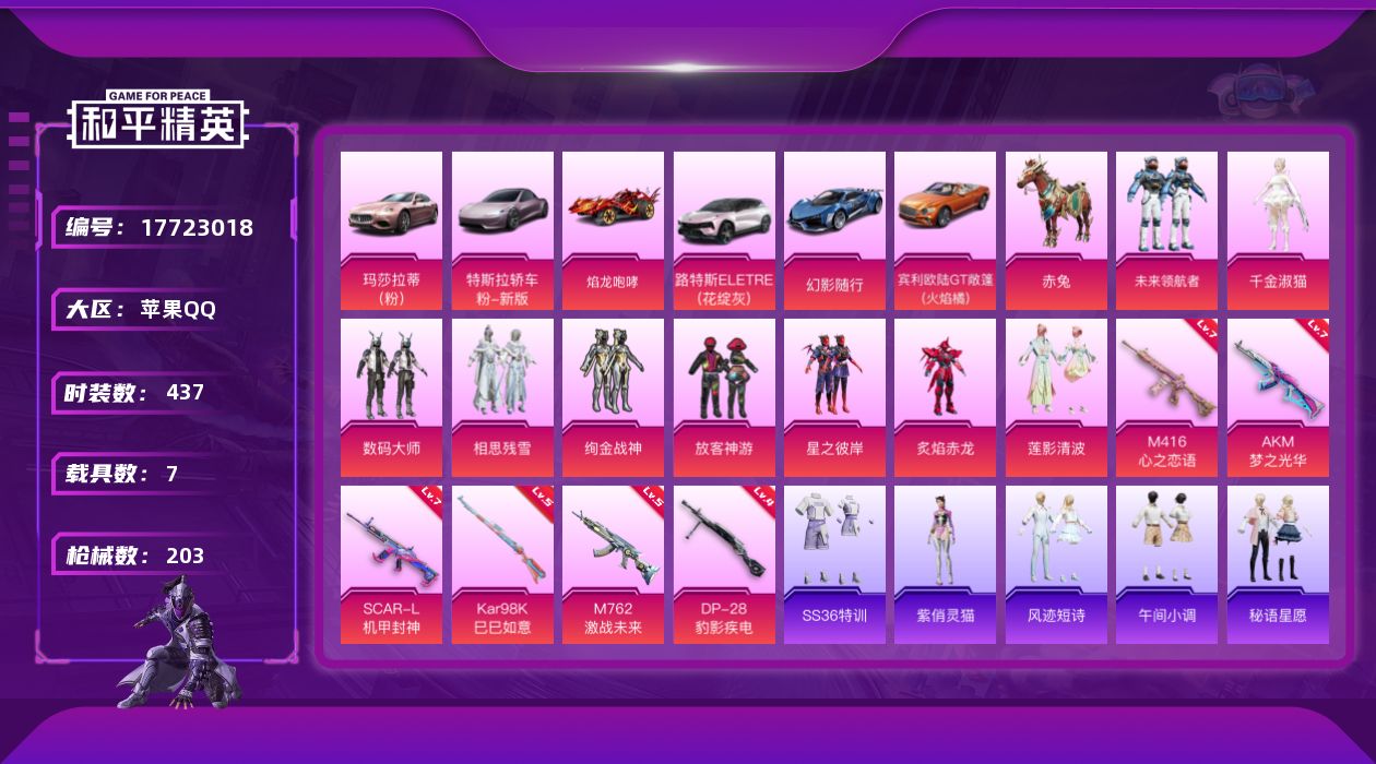 和平精英账号苹果QQ7载具-126套装-203枪皮-7载具9粉装6特效枪12热门126套装203枪皮 73307热力值 
