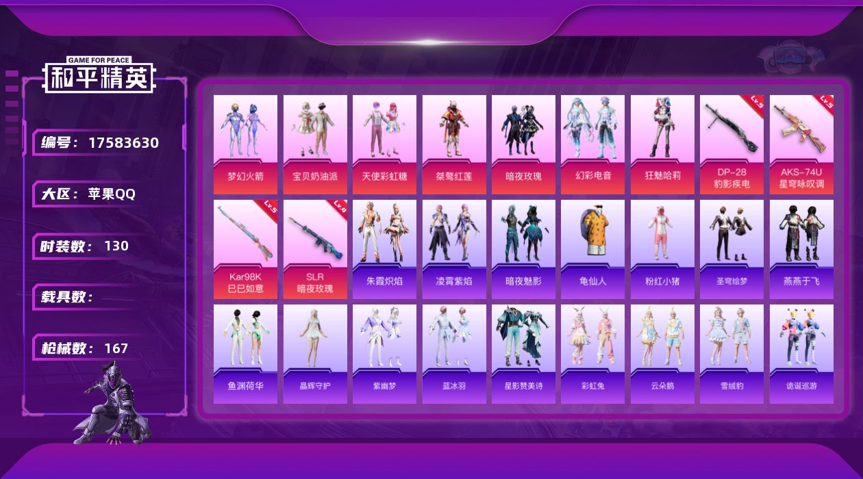 和平精英账号苹果QQ[17583630]苹果 手Q-7粉装-6特效枪-0载具-0粉色飞行器-49875热力值-3王牌印记-130套装-167枪皮
【热门品类】：粉装-梦幻火箭，套装-龟仙人，套装-粉红小猪
【粉色套装】：