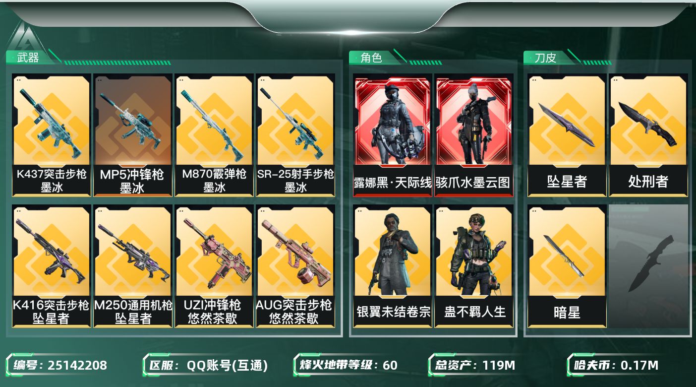 三角洲行动账号QQ【kysjz1308】119m总资产-172k哈夫币-60烽火等级-钻石-50战场等级-上等兵
【干