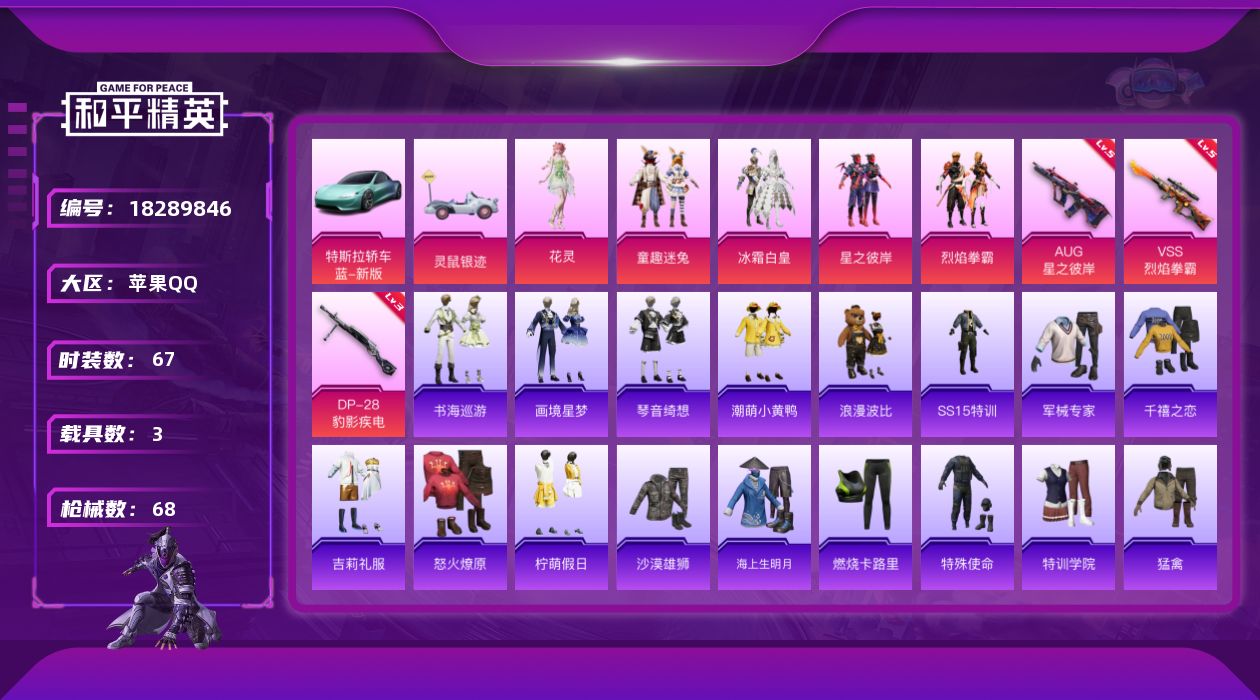 和平精英账号苹果QQ[18289846]【特价出售/店主推荐】苹果 手Q-7粉装-5特效枪-3载具-1粉色飞行器-25189热力值-2王牌印记-67套装-68枪皮【热门品类】：粉装-童趣迷兔，套装-潮萌小黄鸭，套装-浪漫