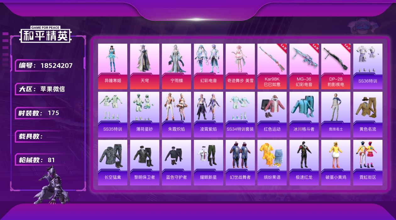 和平精英账号苹果微信[18524207]5粉装 3特效枪 1印记 可二次 可修改实名 
【热门装扮】奇迹舞步-美雪,幻彩