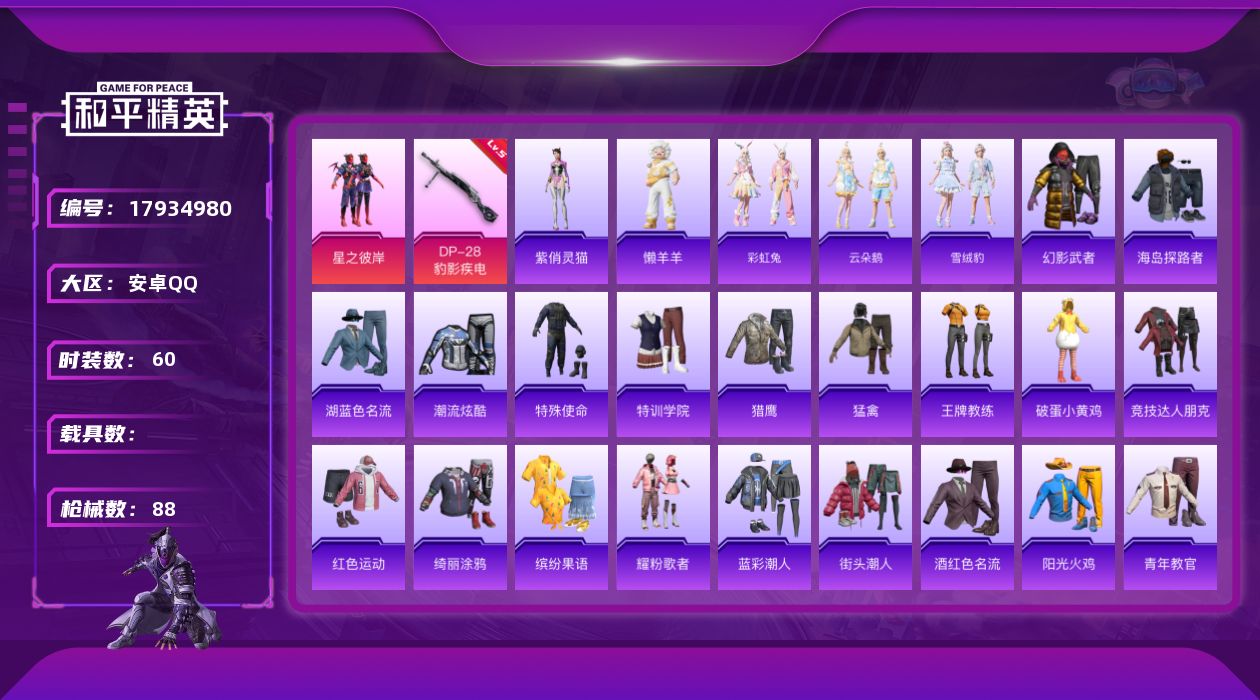 和平精英账号安卓QQ[17934980]安卓 手Q-1粉装-3特效枪-0载具-1粉色飞行器-20439热力值-5王牌印记-60套装-88枪皮
【粉色套装】：粉装-星之彼岸
【粉色枪皮等级】：Mk14-福马献瑞(五级)，A