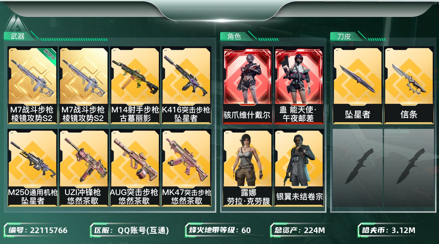 三角洲行动账号QQ【wf1243】wf1243 总资产224.4M 流动183.4M 2红 6金 2刀 1典 维什戴尔