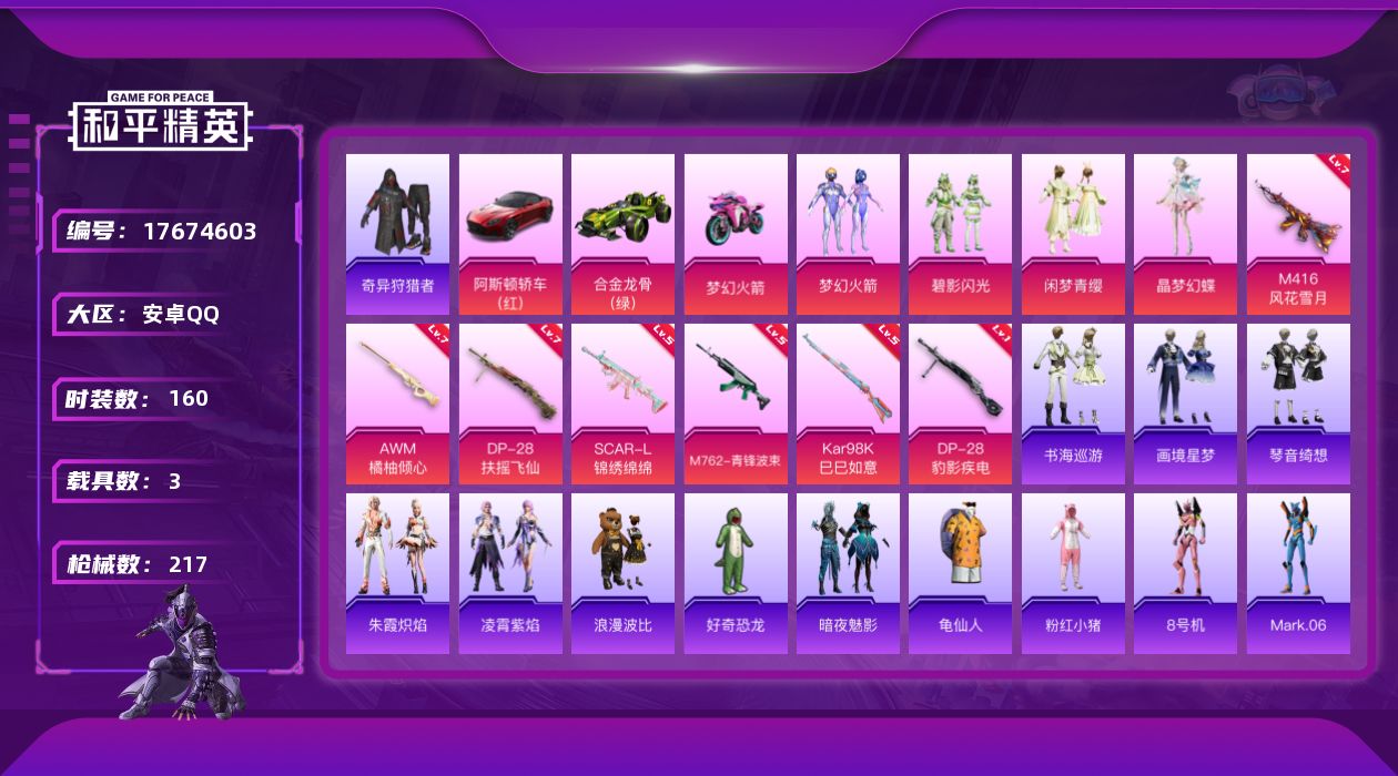 和平精英账号安卓QQ[17674603]安卓 手Q-5粉装-7特效枪-3载具-5粉色飞行器-68789热力值-15王牌印记-160套装-217枪皮
【热门品类】：粉装-梦幻火箭，套装-奇异狩猎者，套装-龟仙人，套装-浪漫