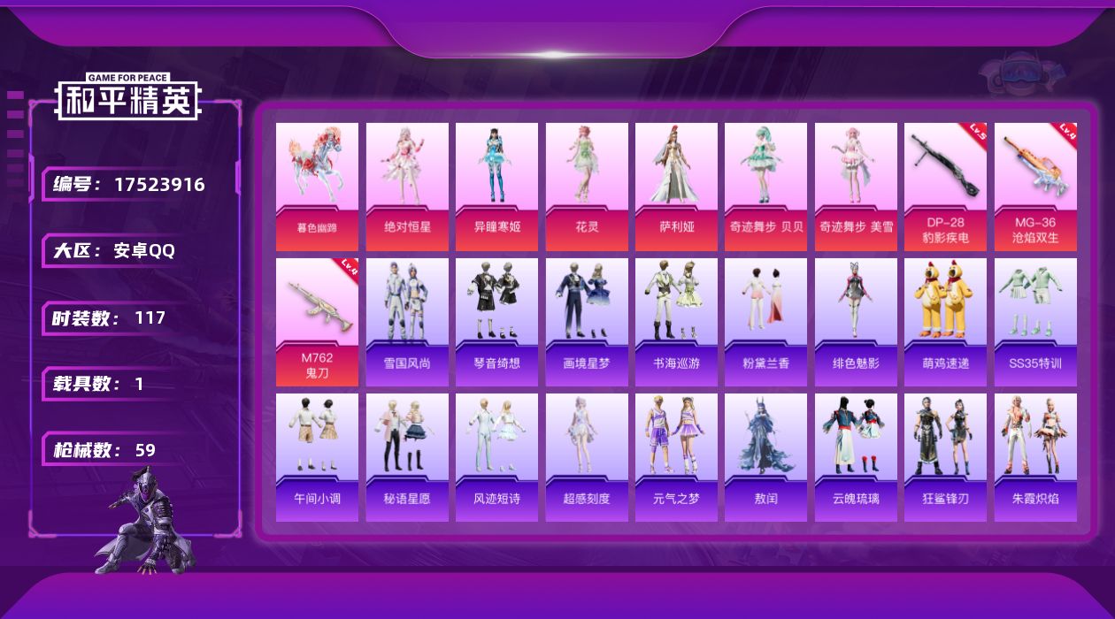 和平精英账号安卓QQ6粉装 3特效枪 1载具 3印记 可二次 
【热门装扮】奇迹舞步-美雪,奇迹舞步-贝贝,萨利娅,花灵