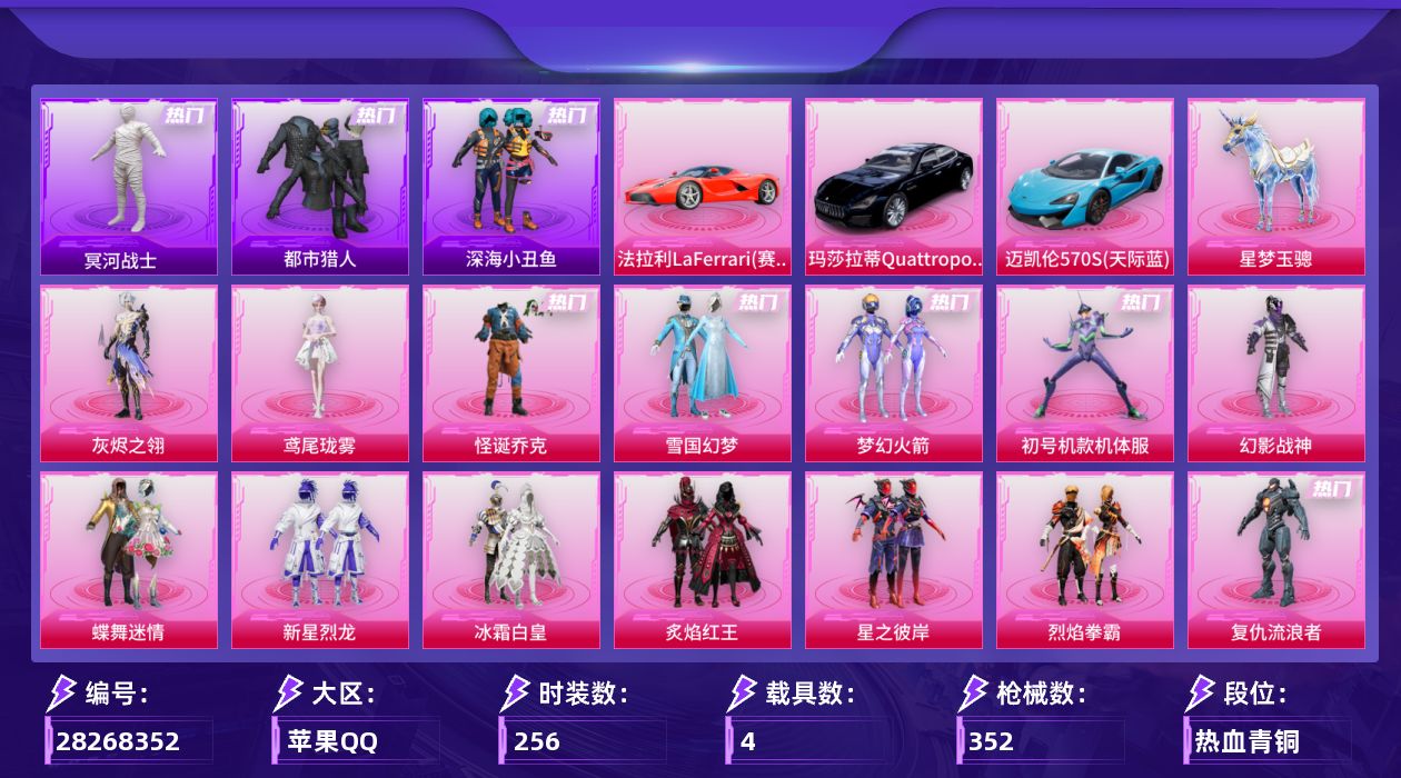 [28268352]苹果手Q-历史最高段位：无敌战神-16粉装-21特效枪-4载具-6粉色飞行器-119581热力值-24王牌印记-256套装-352枪皮
【热门品类】：粉装-怪诞乔克，粉装-雪国幻梦，粉装-梦幻火箭，粉装-初号机款机体服，套装-浪漫天命，套装-都市猎人，套装-冥河战士，套装-深海小丑鱼，套装-小丑鱼，角色-军刀雅典娜，套装-金羽特工，套装-忍者信条，套装-龟仙人，套装-暗影哥特
【粉色套装】：角色-灰烬之翎，粉装-幻影战神，粉装-怪诞乔克，粉装-雪国幻梦，粉装-蝶舞迷情，粉装-梦幻火箭，粉装-新星烈龙，粉装-冰霜白皇，粉装-炙焰红王，粉装-星之彼岸，粉装-烈焰拳霸，角色-初号机款机体服，角色-复仇流浪者，粉装-千面幻镜，角色-冷漠罗丽，角色-鸢尾珑雾
【粉色枪皮等级】：AKM-星际浪客(五级)，SCAR-L-青春物语(四级)，M416-心之恋语(二级)，GROZA-旋转彩虹(三级)，AUG-星之彼岸(六级)，AUG-星梦奇缘(三级)，ARX-神木藏锋(五级)，UZI-筑梦精灵(五级)，Vector-环太平洋(五级)，汤姆逊-玉魄流云(五级)，AKS-74U-森灵之息(一级)，AKS-74U-琉璃赤心(五级)，Kar98K-巳巳如意(五级)，Mk14-福马献瑞(五级)，AA12-G-萌骑幻想(五级)，AA12-G-其乐融融(二级)，DP-28-豹影疾电(五级)，MG3-洛神天依(六级)，M338-回旋牧梦使(四级)，97MG-夜鸢箴言(五级)，信号枪-金乌曜日(四级)
【粉色载具】：法拉利LaFerrari（赛车红），玛莎拉蒂Quattroporte（夜幕蓝），迈凯伦570S（天际蓝），星梦玉骢
【粉色枪皮】：AKM-星际浪客，SCAR-L-青春物语，M416-心之恋语，GROZA-旋转彩虹，AUG-星之彼岸，AUG-星梦奇缘，ARX-神木藏锋，UZI-筑梦精灵，Vector-环太平洋，汤姆逊-玉魄流云，AKS-74U-森灵之息，AKS-74U-琉璃赤心，Kar98K-巳巳如意，Mk14-福马献瑞，AA12-G-萌骑幻想，AA12-G-其乐融融，DP-28-豹影疾电，MG3-洛神天依，M338-回旋牧梦使，97MG-夜鸢箴言，信号枪-金乌曜日
【粉色飞行器】：炫彩糖果飞行器，星之彼岸飞行器，闪光银龙飞行器，繁龙极客飞行器，霓虹漫游飞行器
【粉色降落伞】：绝对恒星降落伞