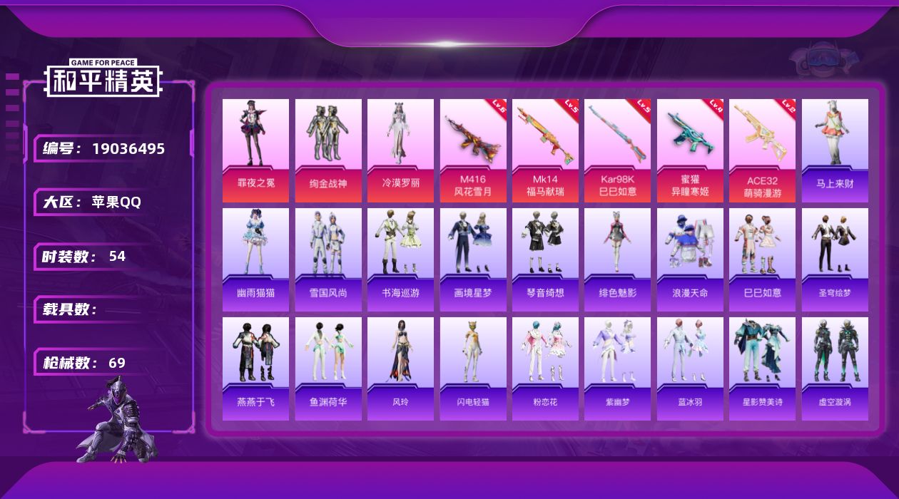 和平精英账号苹果QQ【834】苹果 手Q-3粉装-5特效枪-0载具-0粉色飞行器-21074热力值-5王牌印记-54套装
