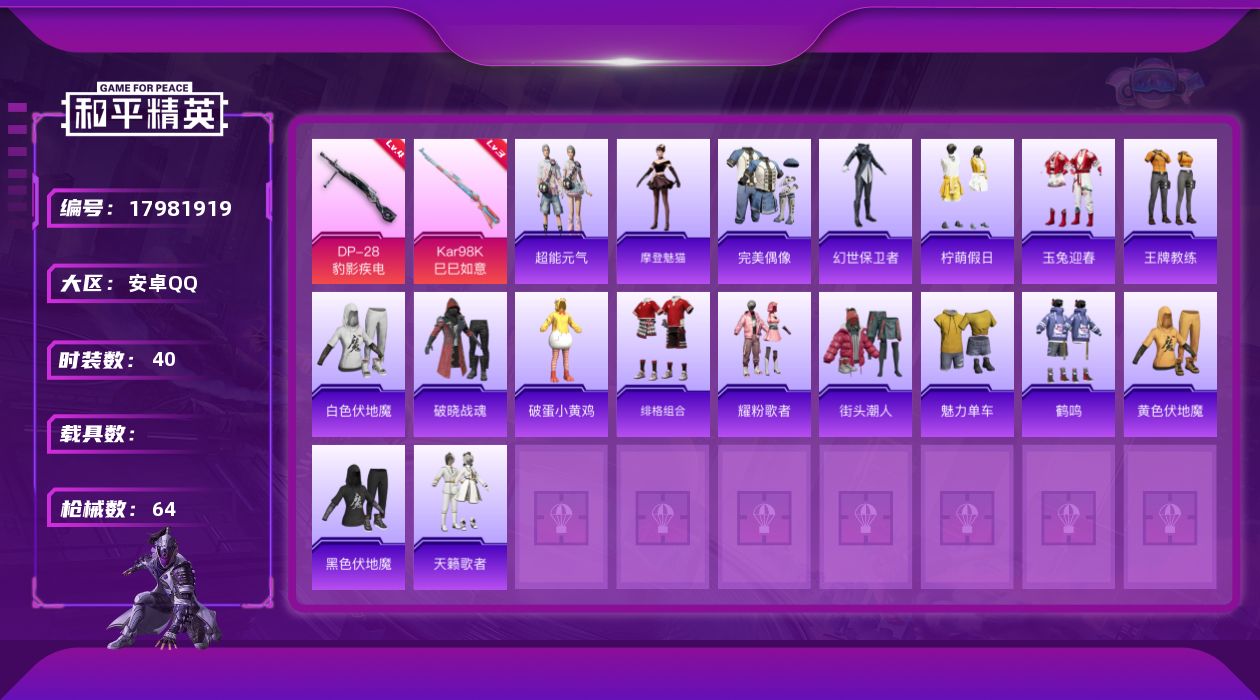 和平精英账号安卓QQ[17981919]安卓 手Q-0粉装-4特效枪-0载具-1粉色飞行器-15802热力值-1王牌印记-40套装-64枪皮
【粉色枪皮等级】：UMP45-萌骑冒险(三级)，Kar98K-巳巳如意(三级)