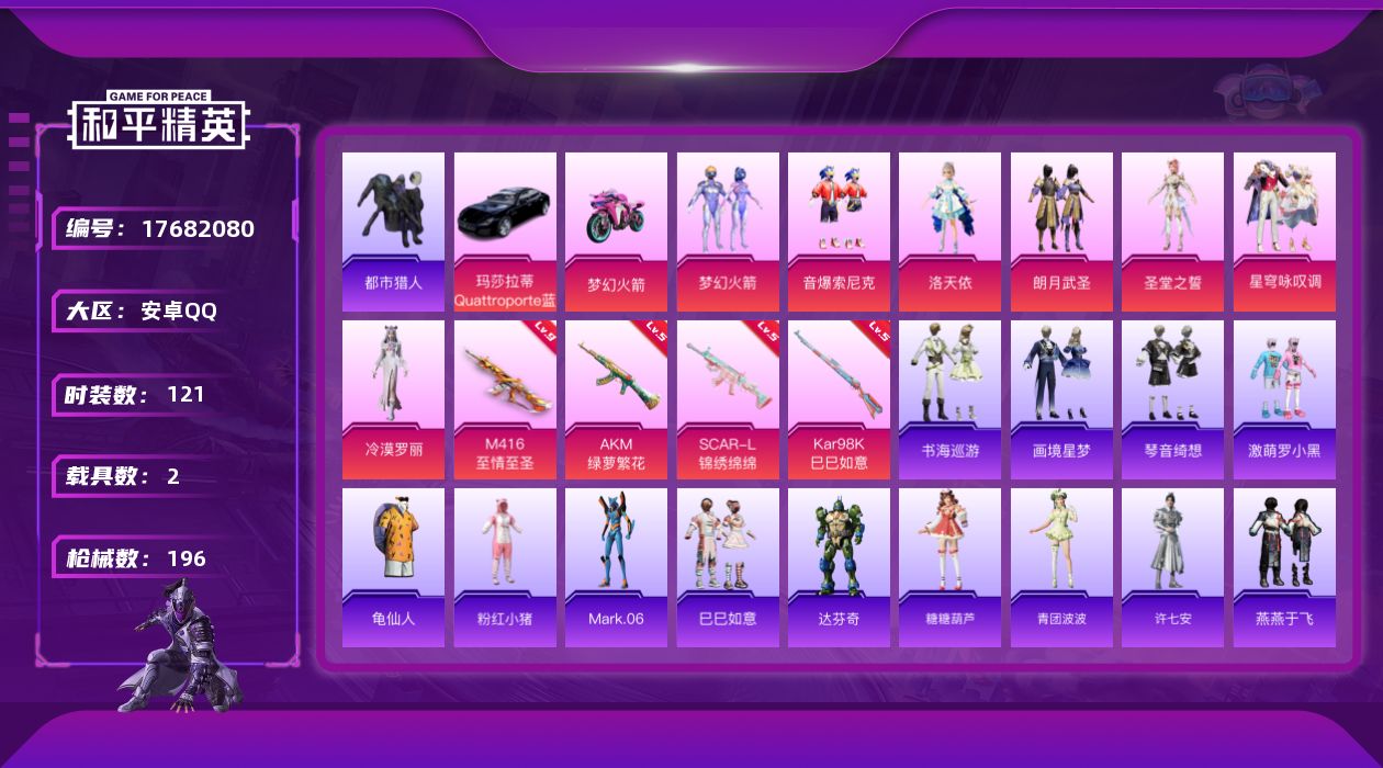 和平精英账号安卓QQ[17682080]可二次【特价出售/店主推荐】安卓 手Q-7粉装-4特效枪-2载具-3粉色飞行器-62346热力值-11王牌印记-121套装-196枪皮
【热门品类】：粉装-梦幻火箭，粉装-音爆索尼