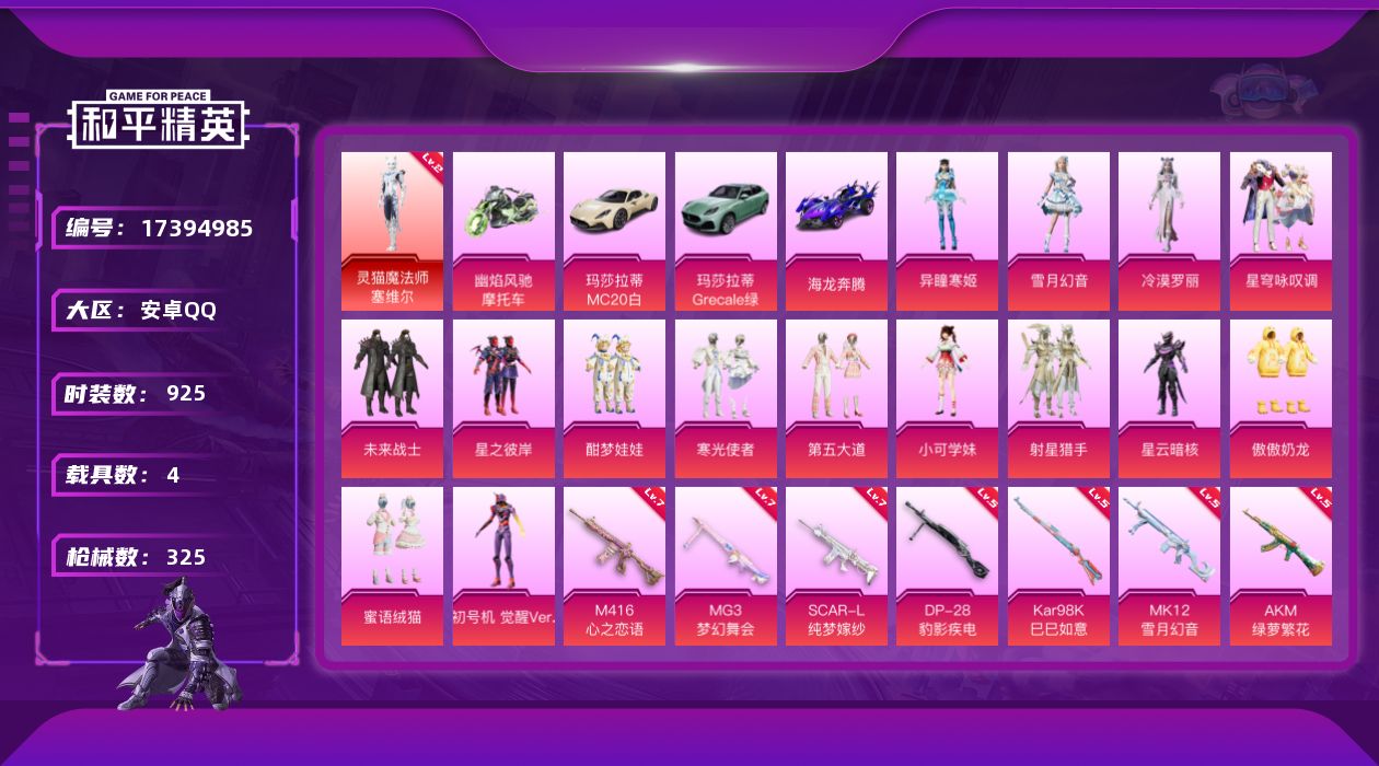 和平精英账号安卓QQ4载具-246套装-325枪皮-1红装1稀有4载具15粉装10特效枪21热门246套装325枪皮 热