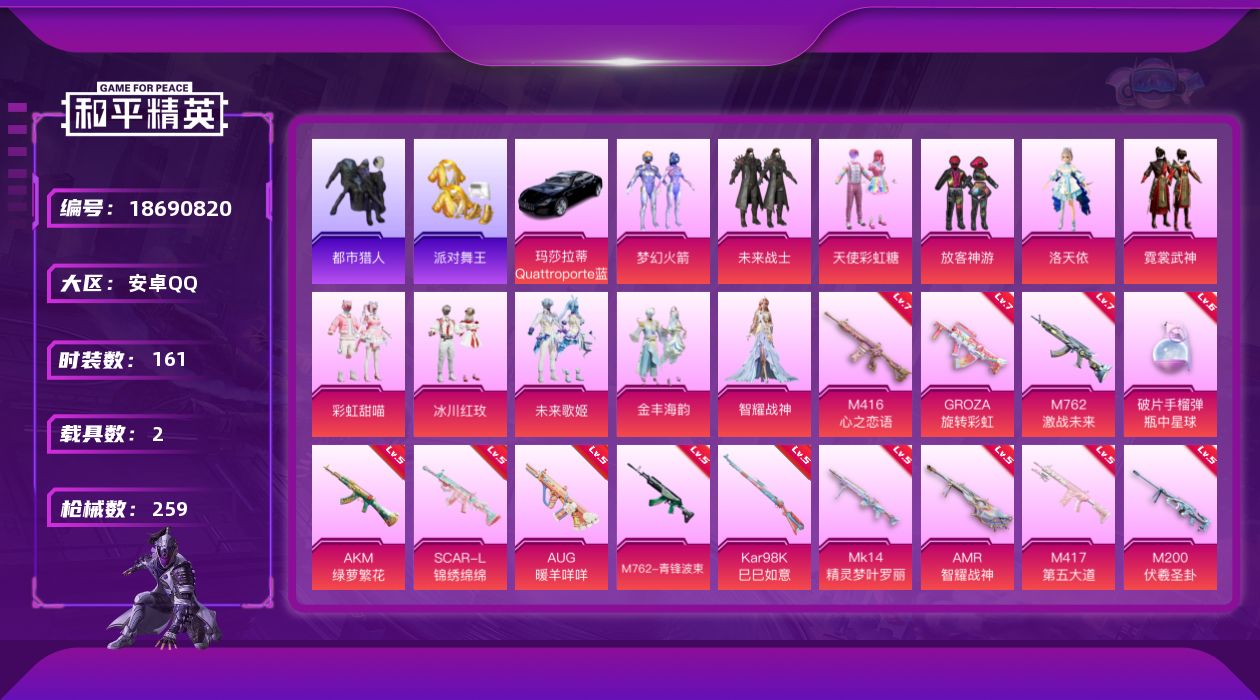 和平精英账号安卓QQ[18690820]粉装13/粉枪17/载具2/珍稀飞行器130245,102105,104751,126488/套装161/枪皮259/热力值84545/历史最高段位:王牌印记12次/Lv:63/五