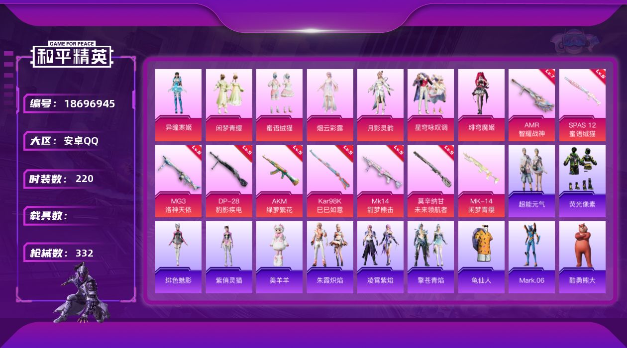和平精英账号安卓QQ[18696945]安卓 手Q-8粉装-12特效枪-0载具-3粉色飞行器-99972热力值-15王牌印记-220套装-332枪皮
【热门品类】：套装-龟仙人，角色-Mark.06
【粉色套装】：粉装-