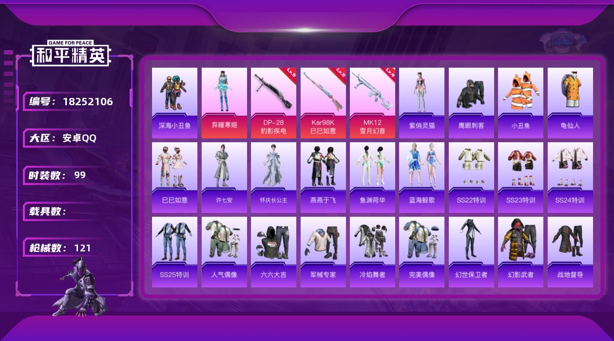和平精英账号安卓QQ[18252106]实名: 可修改 时装数: 99 枪械数: 121 战备数: 71 热门装扮: 深海小丑鱼,鹰眼刺客,异瞳寒姬 稀有枪皮: Kar98K-巳巳如意,MK12-雪月幻音,DP-28-豹