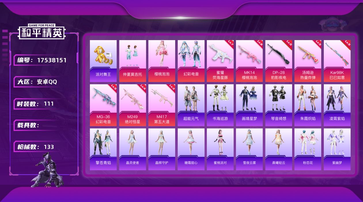 和平精英账号安卓QQ[17538151]安卓 手Q-3粉装-10特效枪-0载具-1粉色飞行器-42276热力值-5王牌印记-111套装-133枪皮
【热门品类】：套装-派对舞王
【粉色套装】：粉装-仲夏莫吉托，角色-樱桃