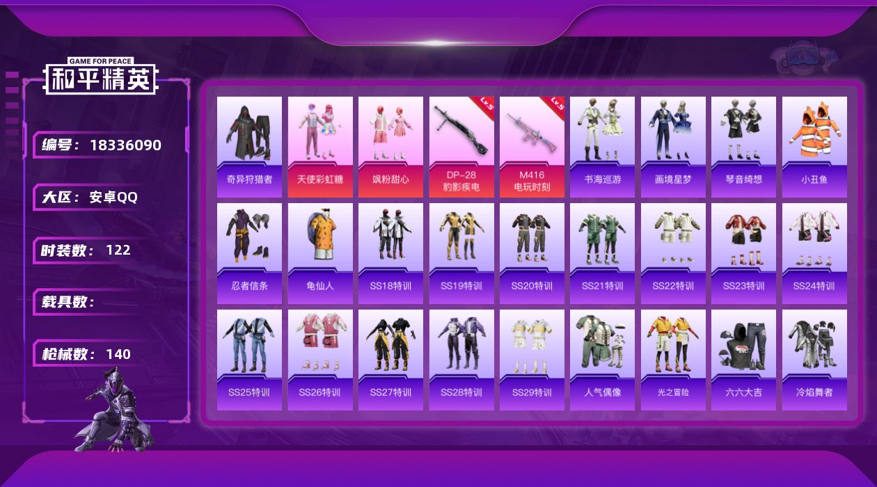 和平精英账号安卓QQ[18336090]安卓 手Q-2粉装-10特效枪-0载具-0粉色飞行器-38832热力值-5王牌印记-122套装-140枪皮
【热门品类】：套装-小丑鱼，套装-奇异狩猎者，套装-忍者信条，套装-龟仙