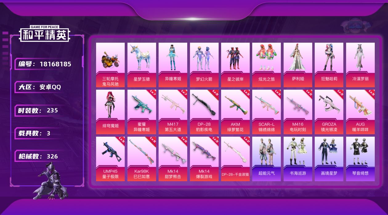 和平精英账号安卓QQ[18168185]安卓 手Q-1神装-8粉装-16特效枪-3载具-7粉色飞行器-105774热力值-19王牌印记-235套装-326枪皮
【红色神装等级】：暮色玫影-艾丽娅(二级)
【红色角色神装】