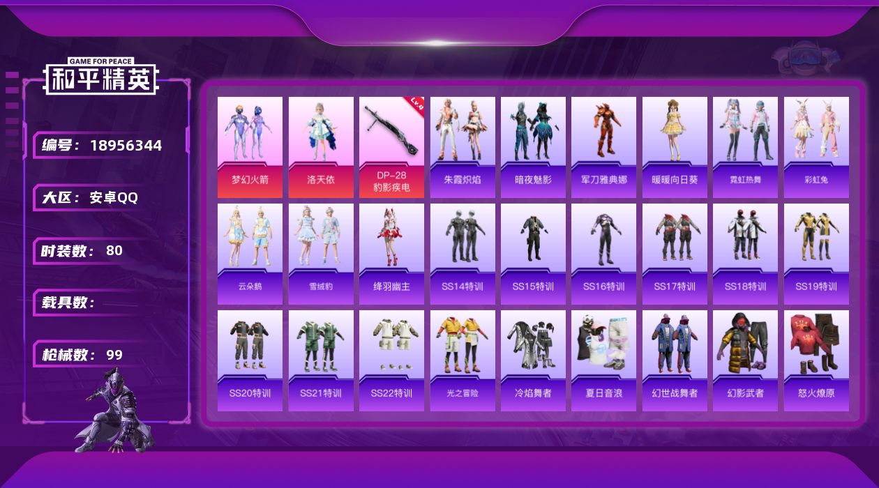 和平精英账号安卓QQ[18956344]80套装/枪械1/装备97/战备67/王牌印记1/热力值29445/四级DP-28-豹影疾电/梦幻火箭(新101)/军刀雅典娜/洛天依/DP-28-豹影疾电/飞行器-齐天大圣/梦幻
