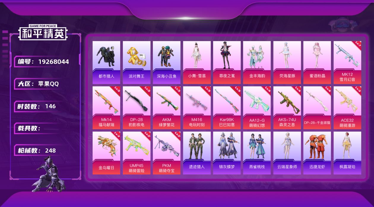 和平精英账号苹果QQ[19268044]苹果手Q-5粉装-13特效枪-4粉色飞行器-64799热力值-6王牌印记-146套装-248枪皮
【热门品类】：套装-浪漫天命，套装-都市猎人，套装-派对舞王，套装-深海小丑鱼，套