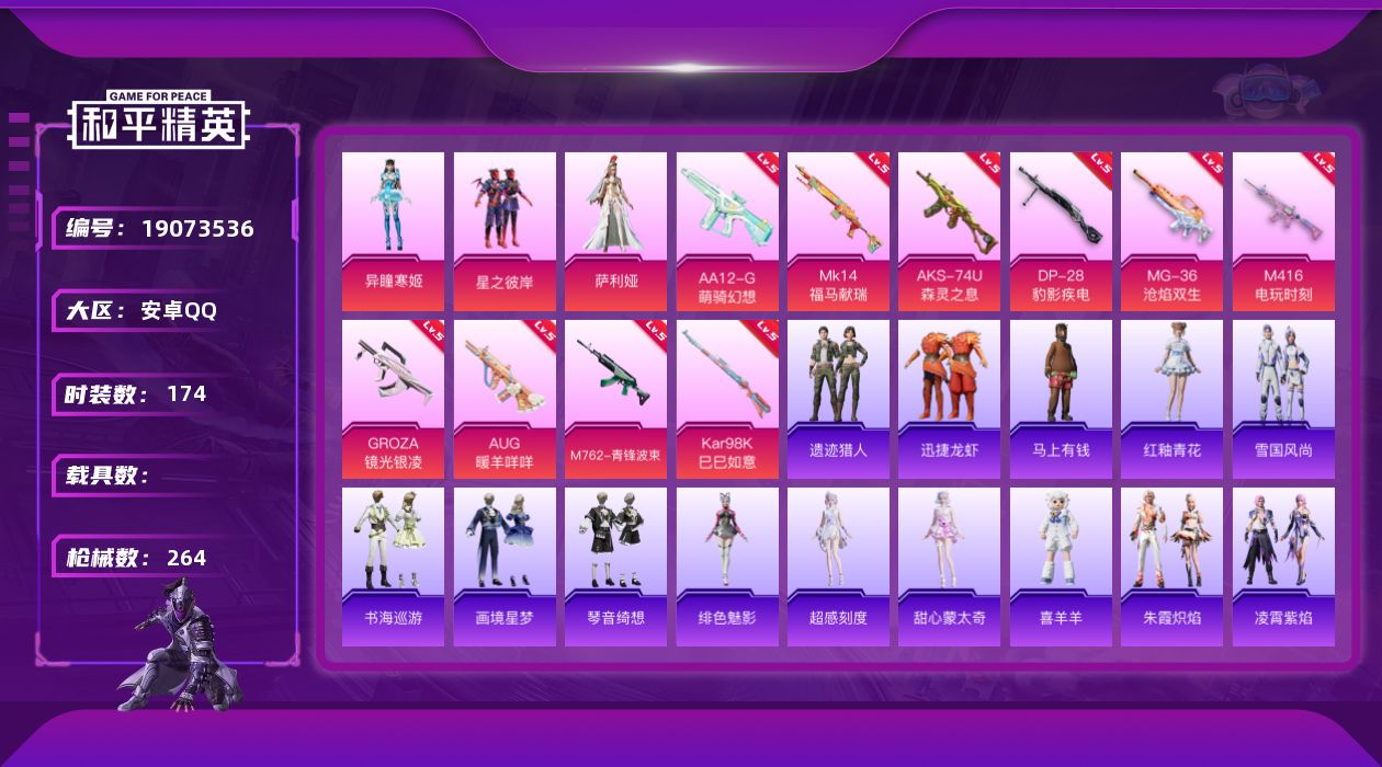 和平精英账号安卓QQ[19073536]安卓手Q-3粉装-10特效枪-2粉色飞行器-69792热力值-12王牌印记-174套装-264枪皮
【热门品类】：套装-龟仙人，套装-暗影哥特
【粉色套装】：粉装-星之彼岸，角色-