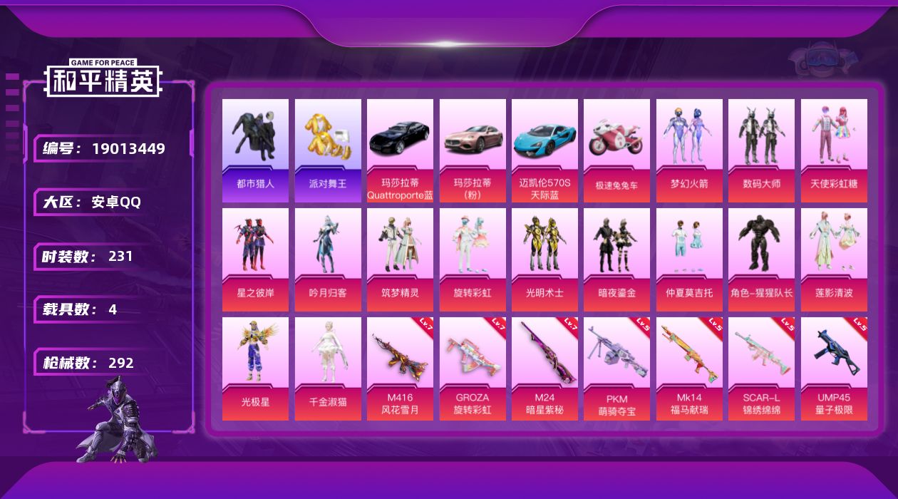 和平精英账号安卓QQ[19013449]安卓 手Q-14粉装-8特效枪-4载具-5粉色飞行器-106511热力值-15王牌印记-231套装-292枪皮
【热门品类】：粉装-梦幻火箭，套装-浪漫天命，套装-都市猎人，套装-