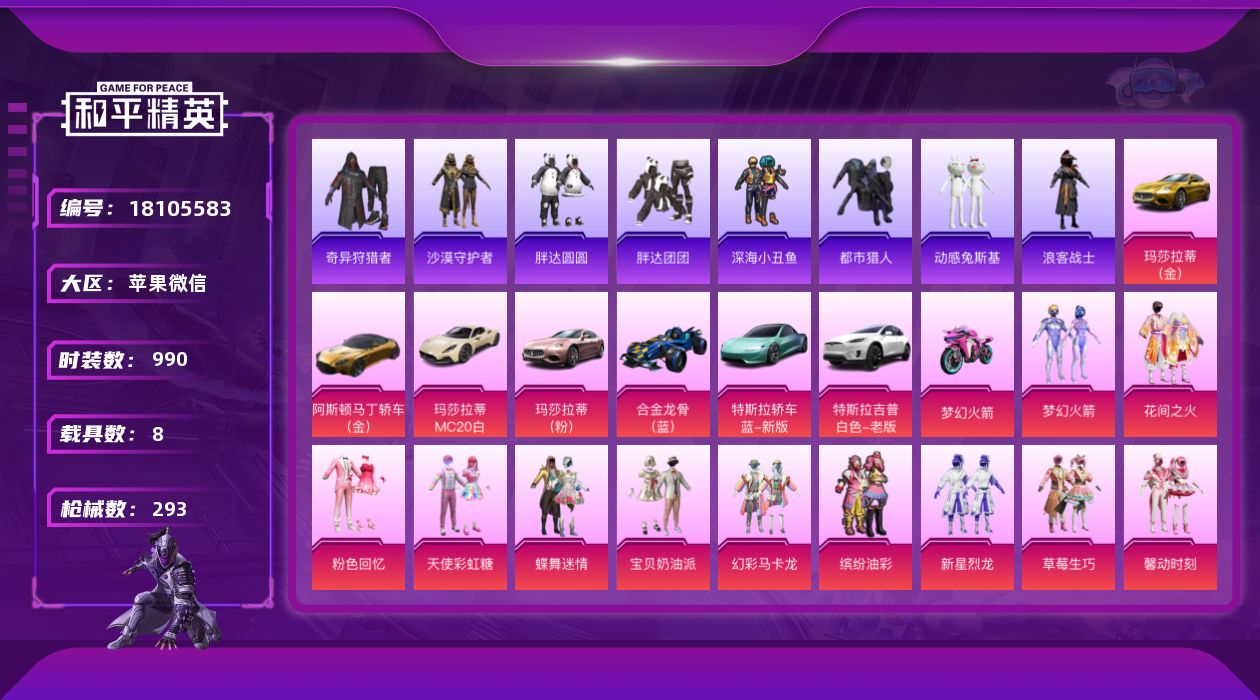 和平精英账号苹果微信8载具-276套装-293枪皮-3稀有8载具38粉装9特效枪67热门276套装293枪皮 热力值 2