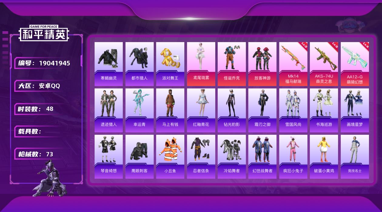 和平精英账号安卓QQ[19041945]48套装/枪械3/装备105/战备60/王牌印记4/热力值22178/五级AKS-74U-森灵之息/五级MK14-福马献瑞/四级AA12-G-萌骑幻想/怪诞乔克/寒蝎幽灵/都市猎人