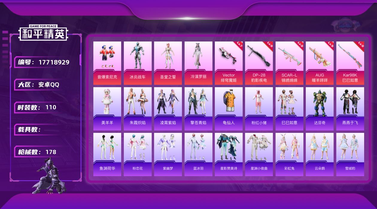 和平精英账号安卓QQ[17718929]安卓 手Q-4粉装-5特效枪-0载具-1粉色飞行器-51317热力值-16王牌印记-110套装-178枪皮
【热门品类】：粉装-音爆索尼克，套装-龟仙人，套装-粉红小猪
【粉色套装