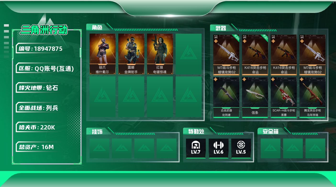 三角洲行动账号QQ总资产16M/哈夫币22万/传说近战数1/传说枪皮数19/战场等级19/行动等级60/安全箱等时效性道具以游戏内数据为准，详情请看图/骇爪-维什戴尔/红狼-电锯惊魂/露娜-金牌射手(S7)/近战-信条