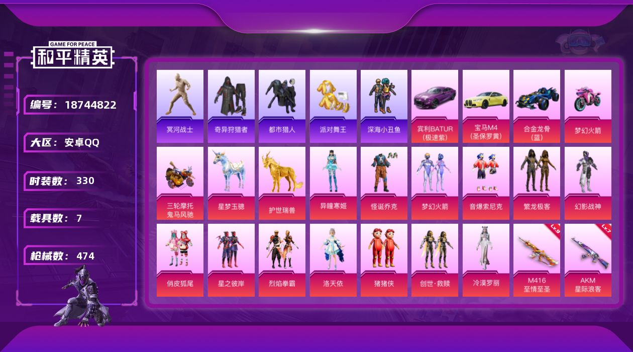 和平精英账号安卓QQ[18744822]安卓 手Q-无敌战神框-14粉装-27特效枪-7载具-8粉色飞行器-179199热力值-34王牌印记-330套装-474枪皮
【热门品类】：粉装-怪诞乔克，粉装-梦幻火箭，粉装-音