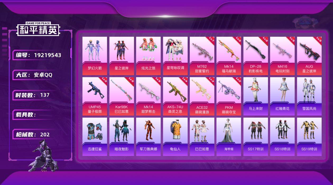 和平精英账号安卓QQ[19219543]安卓 手Q-4粉装-11特效枪-0载具-5粉色飞行器-61944热力值-15王牌印记-137套装-202枪皮
【热门品类】：粉装-梦幻火箭，角色-军刀雅典娜，套装-龟仙人
【粉色套