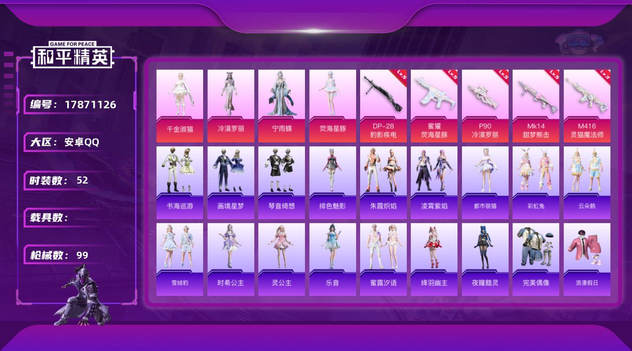 和平精英账号安卓QQ[17871126]安卓 手Q-6粉装-8特效枪-0载具-3粉色飞行器-29483热力值-2王牌印记-52套装-99枪皮
【粉色套装】：角色-千金淑猫，角色-冷漠罗丽，角色-宁雨蝶，角色-荧海星豚，角