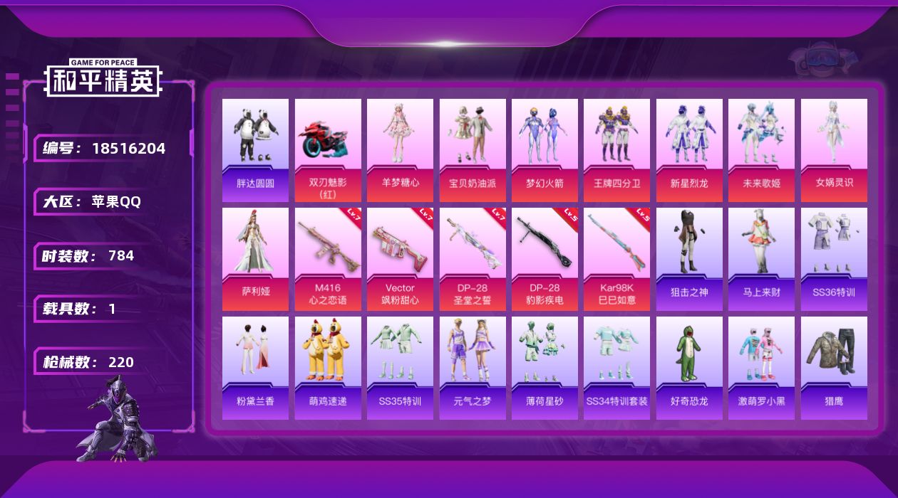 和平精英账号苹果QQ8粉装 5特效枪 1载具 27印记 可二次 可修改实名 
【热门装扮】女娲灵识,萨利娅,羊梦糖心,梦