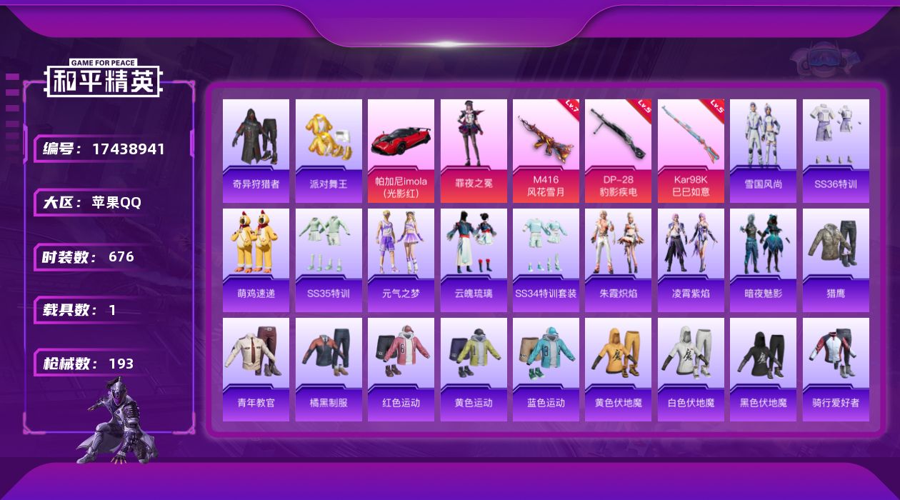 和平精英账号苹果QQ1粉装 3特效枪 1载具 4印记 可二次 可修改实名 
【热门装扮】奇异狩猎者,罪夜之冕,派对舞王(