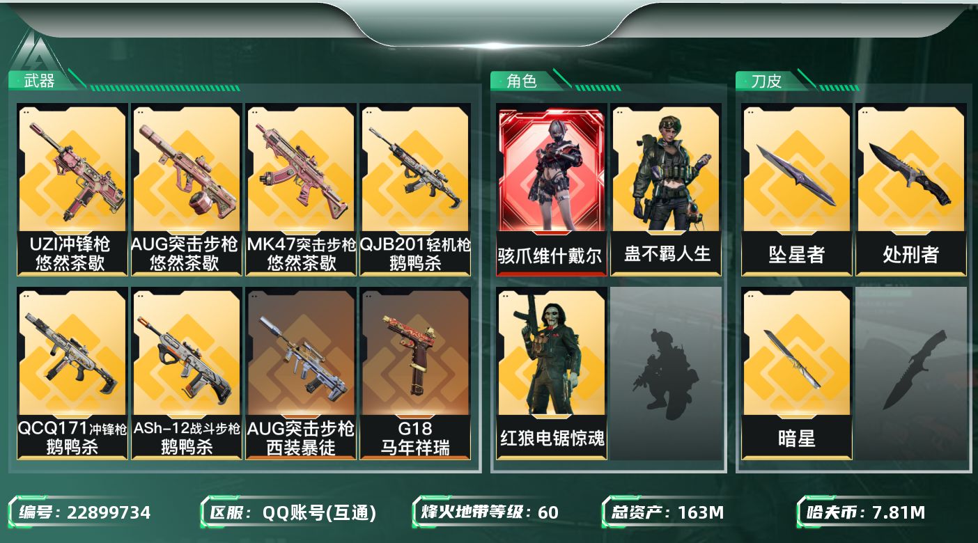 三角洲行动账号QQ【SJZEHC1296】EHC20181   维什戴尔 坠星者/暗星  多六套
163m总资产-78