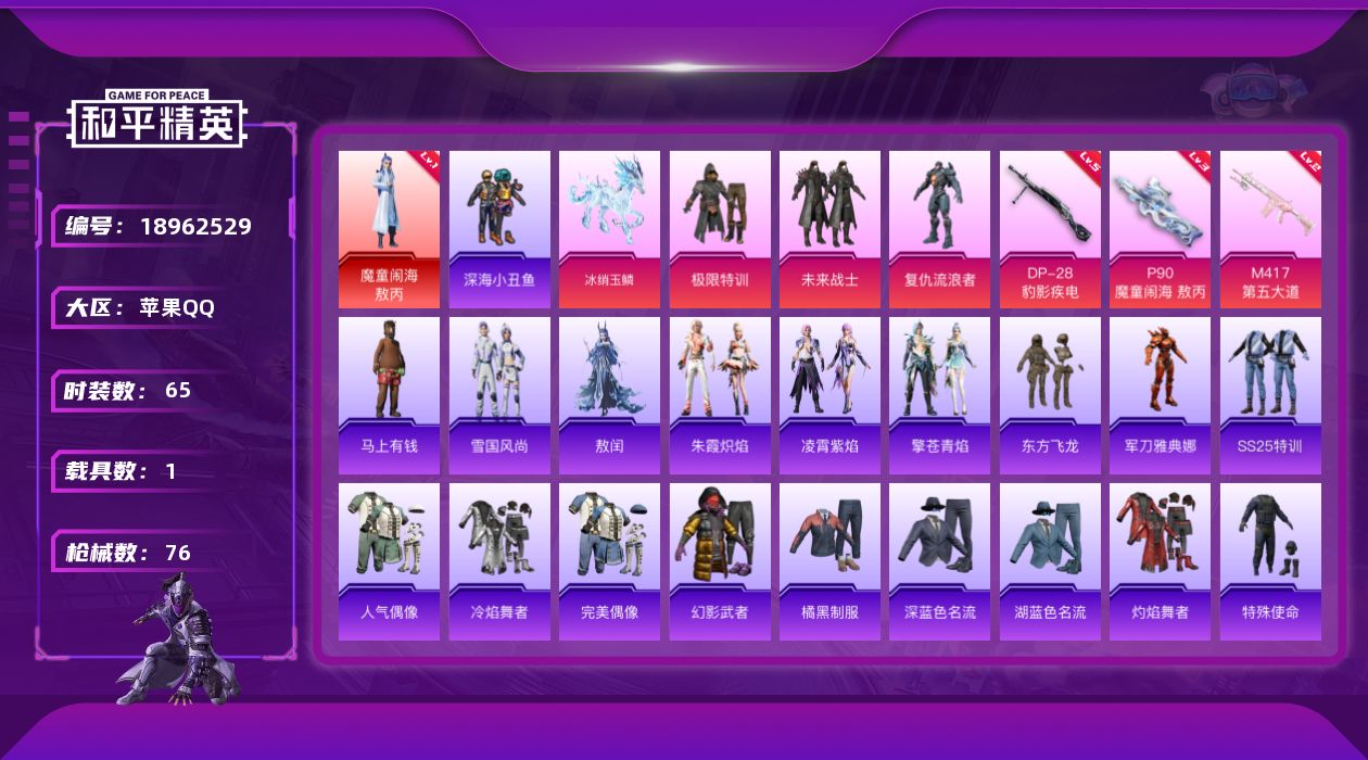 和平精英账号苹果QQ[18962529]65套装/枪械3/装备89/载具1/战备49/王牌印记4/热力值22578/三级P90-魔童闹海 敖丙/二级M417-第五大道/五级DP-28-豹影疾电/一级魔童闹海-敖丙/魔童闹