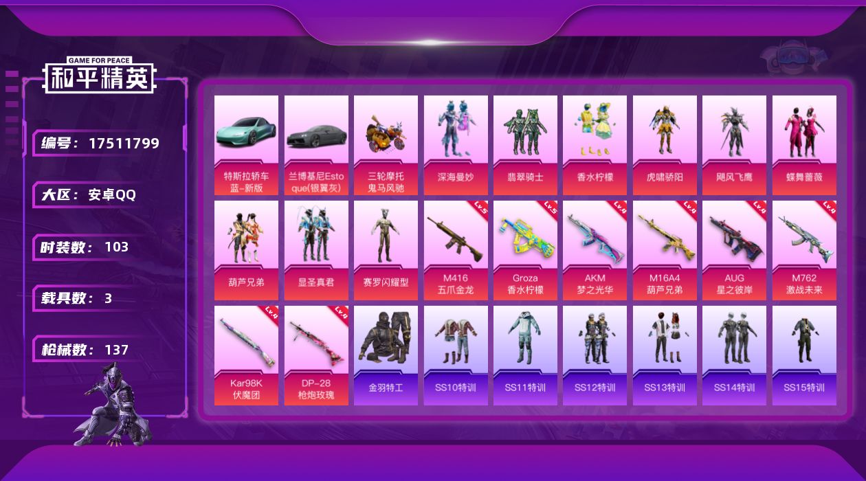 和平精英账号安卓QQ[17511799]安卓 手Q-9粉装-13特效枪-3载具-0粉色飞行器-53846热力值-6王牌印记-103套装-137枪皮
【热门品类】：套装-金羽特工
【粉色套装】：粉装-深海曼妙，粉装-翡翠骑