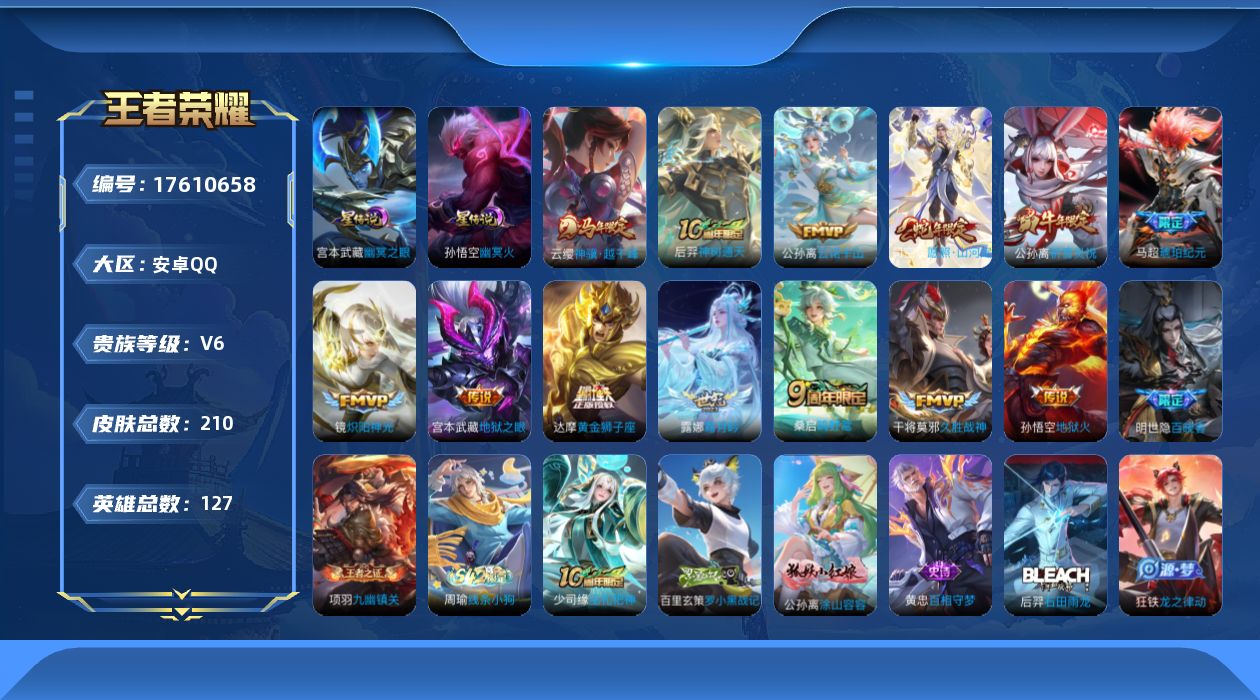 王者荣耀账号安卓QQ127英雄-210皮肤--V6-13传说 2星传说 幽冥火 幽冥之眼【全皮英雄】 影全皮 【传说】 