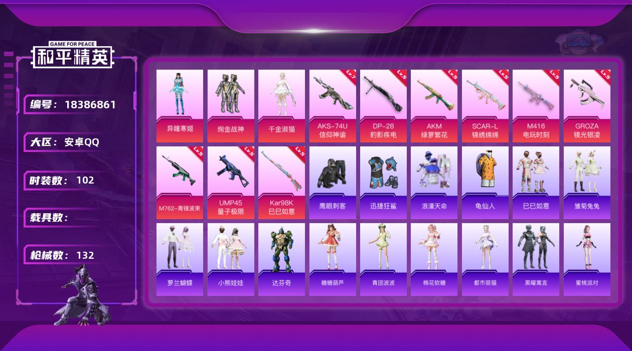 和平精英账号安卓QQ[18386861]安卓 手Q-3粉装-9特效枪-0载具-0粉色飞行器-39395热力值-5王牌印记-102套装-132枪皮
【热门品类】：套装-浪漫天命，套装-龟仙人
【粉色套装】：粉装-绚金战神，