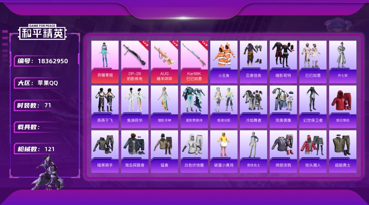 和平精英账号苹果QQ[18362950]苹果 手Q-1粉装-5特效枪-0载具-1粉色飞行器-28414热力值-1王牌印记-71套装-121枪皮
【热门品类】：套装-小丑鱼，套装-忍者信条，套装-暗影哥特
【粉色套装】：角