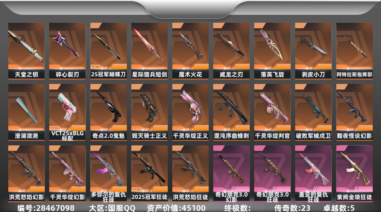 []23橙皮 5紫皮 80皮肤 26英雄 101卡面 945已用源晶 未定级段位 
【套装】2025全球冠军赛,奇幻朋克3.0套装 
【近战武器皮肤】威龙之刃-耀鳞威龙,落英飞旋-千灵华绽,星际猎兵 短剑,碎心裂刃,2025全球冠军赛 蝴蝶刀,阿特拉斯指挥部,剥皮小刀-异形猎人,澄湖