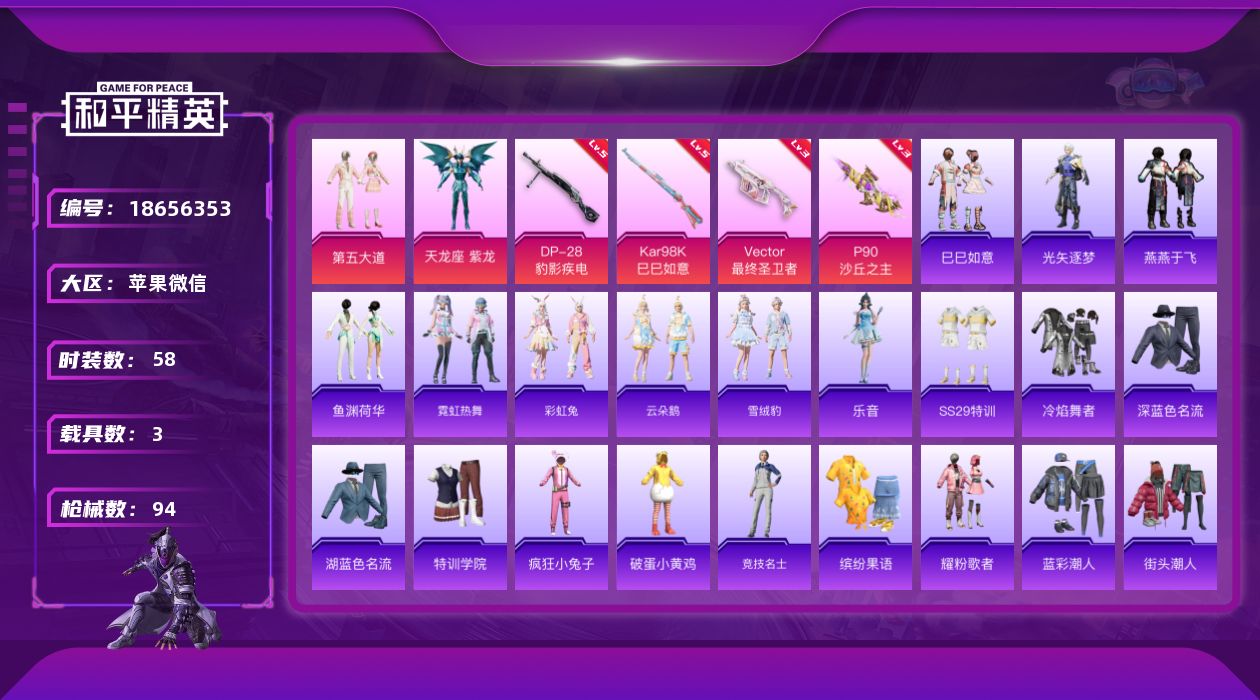 和平精英账号苹果微信[18656353]粉装3/粉枪7/载具3/珍稀飞行器87700,72317,100782,103444,104751,130382,130384/套装58/枪皮94/热力值31334/历史最高段位: