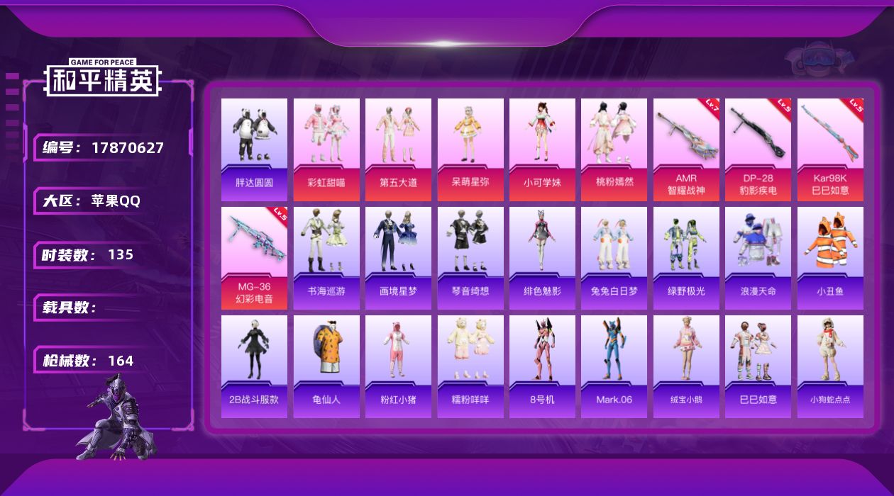 和平精英账号苹果QQ[17870627]苹果 手Q-5粉装-7特效枪-0载具-5粉色飞行器-55268热力值-8王牌印记-135套装-164枪皮
【热门品类】：套装-浪漫天命，套装-小丑鱼，套装-胖达圆圆，角色-2B战斗