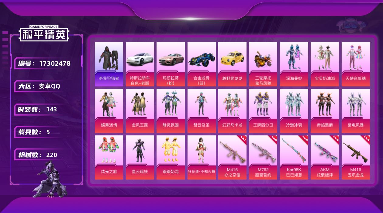 和平精英账号安卓QQ[17302478]安卓 手Q-16粉装-8特效枪-5载具-3粉色飞行器-78972热力值-13王牌印记-143套装-220枪皮
【热门品类】：套装-奇异狩猎者，套装-浪漫波比，套装-粉红小猪
【粉色